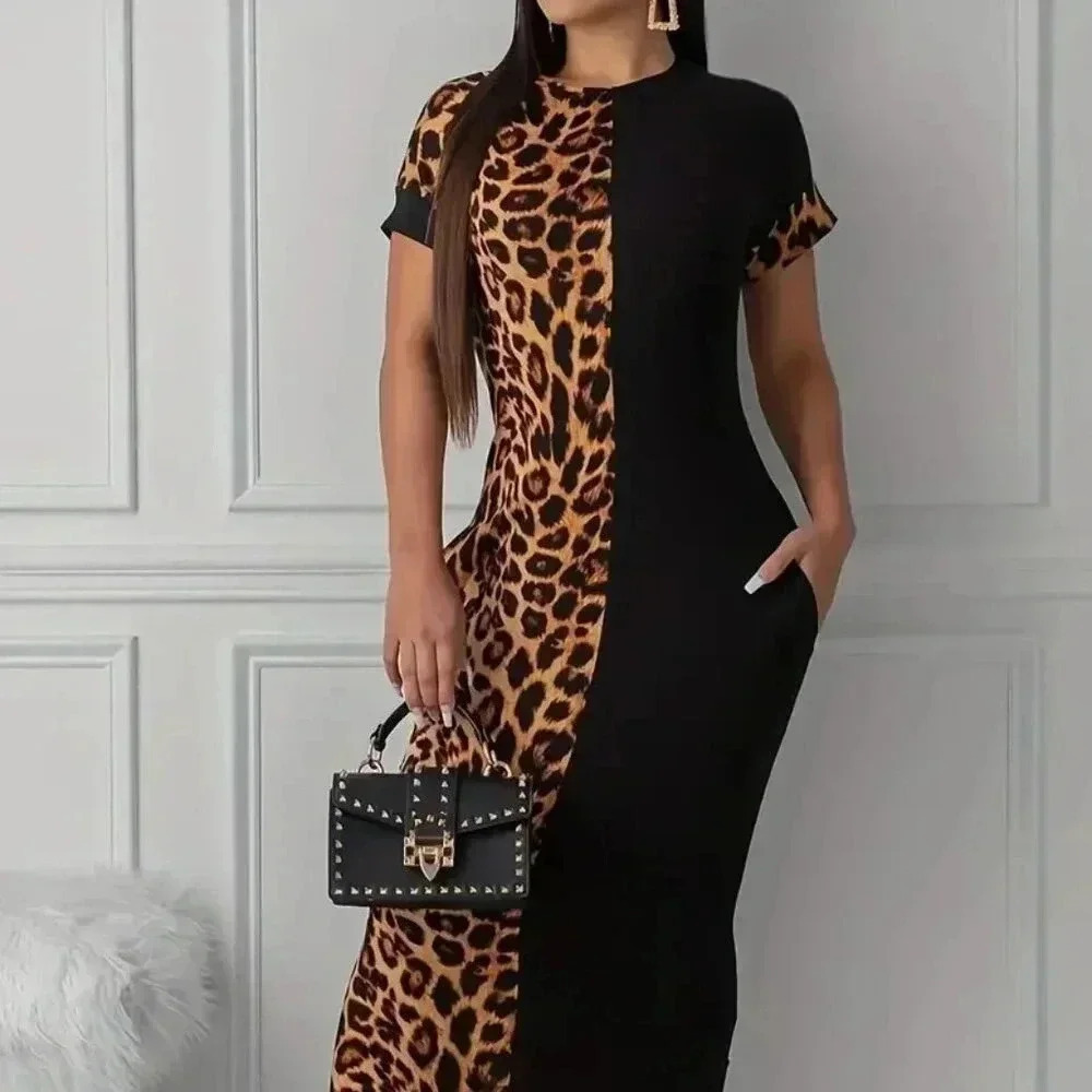 Elegant Leopard Print Crew Neck Short Sleeve Ankle Dress